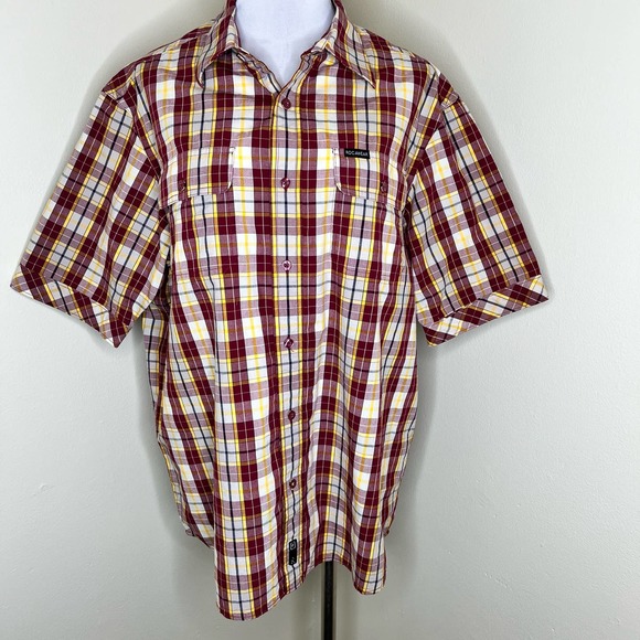 Rocawear Button Up Shirt LARGE Men Maroon Yellow Plaid Check Short Sleeve Cotton - Picture 1 of 7